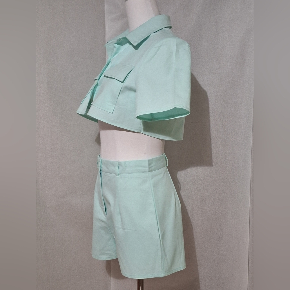 SHEIN S , solid button front blouse and short NWT - image 7